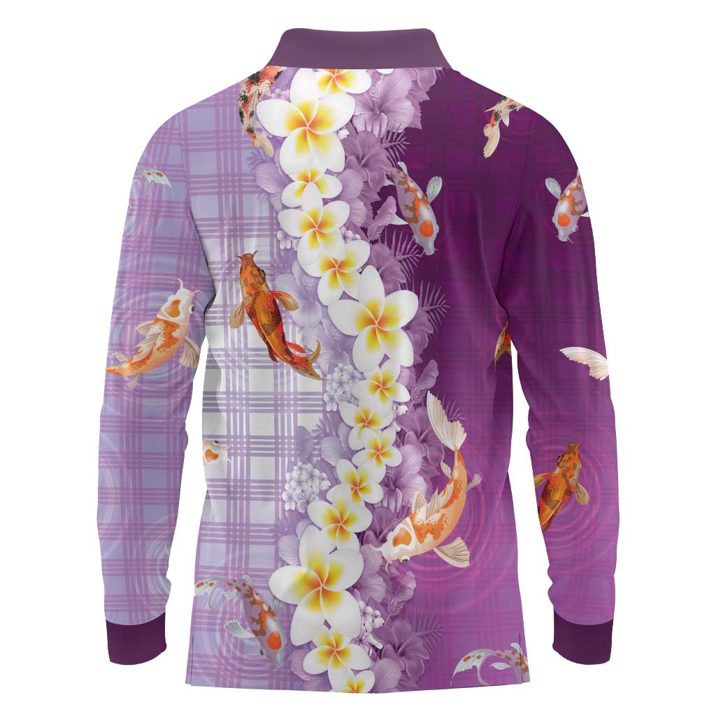 Hawaii And Japan Long Sleeve Polo Shirt Plumeria Lei With Koi Fish Purple - Polynesian Pride
