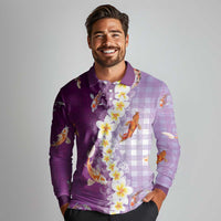 Hawaii And Japan Long Sleeve Polo Shirt Plumeria Lei With Koi Fish Purple - Polynesian Pride