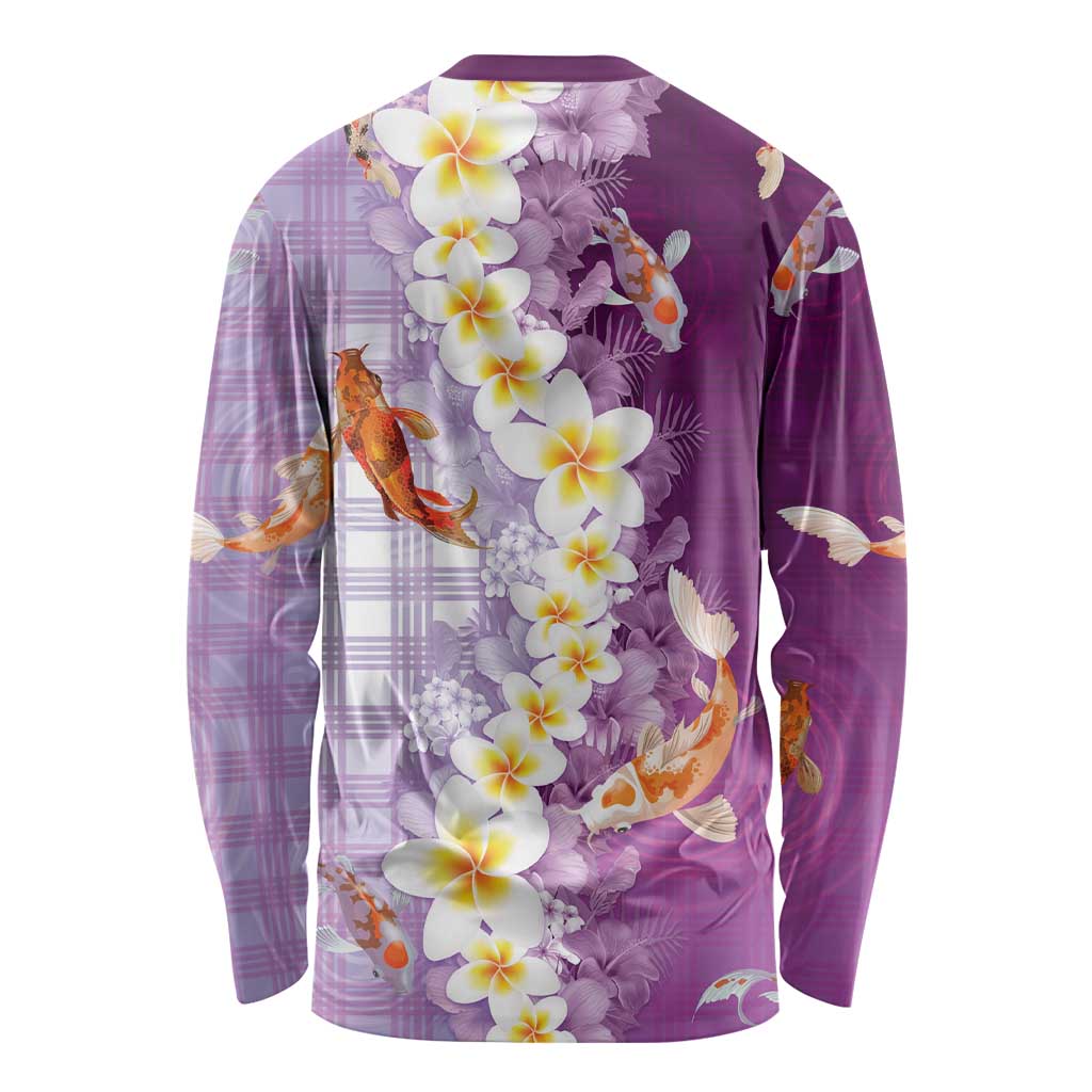 Hawaii And Japan Long Sleeve Shirt Plumeria Lei With Koi Fish Purple - Polynesian Pride