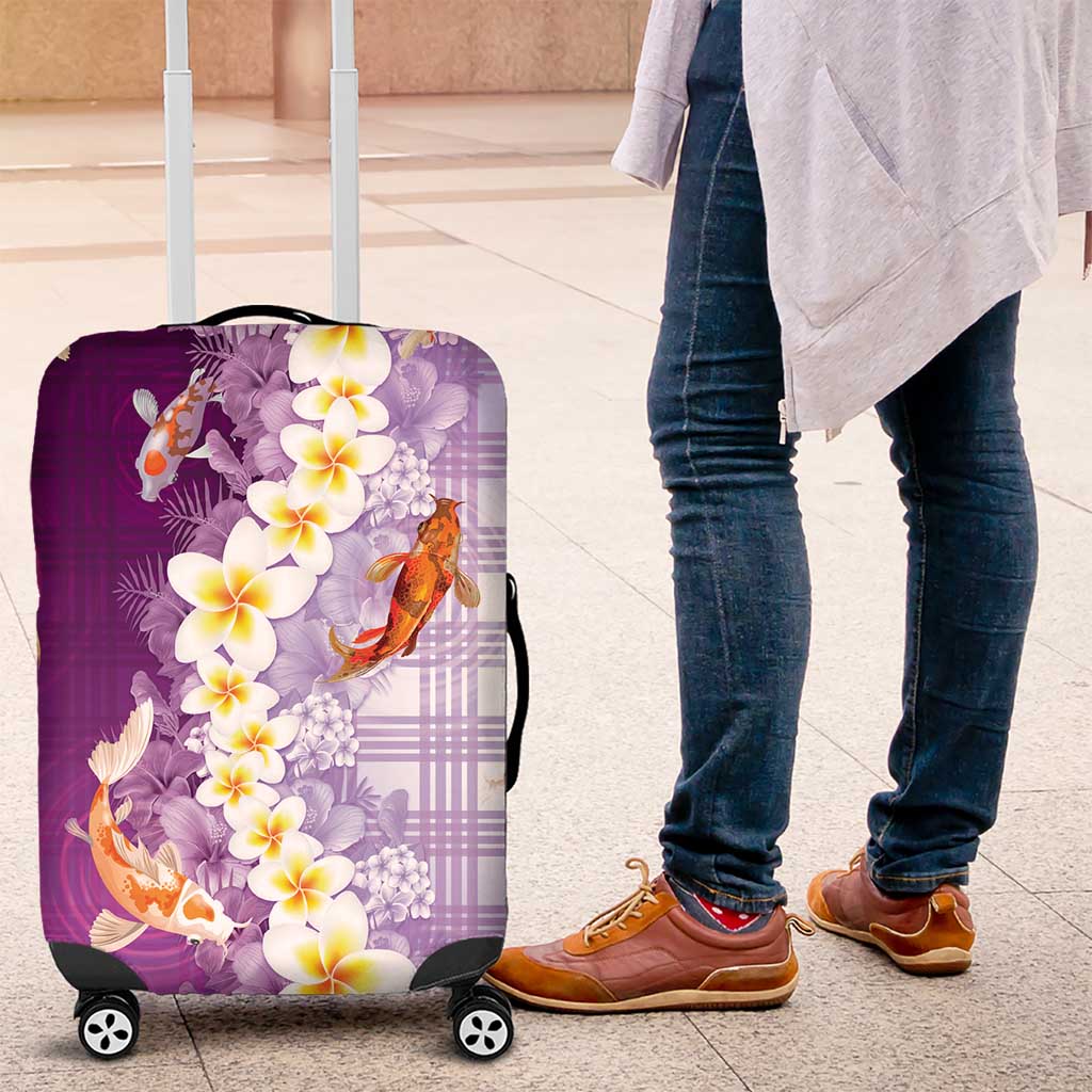 Hawaii And Japan Luggage Cover Plumeria Lei With Koi Fish Purple - Polynesian Pride