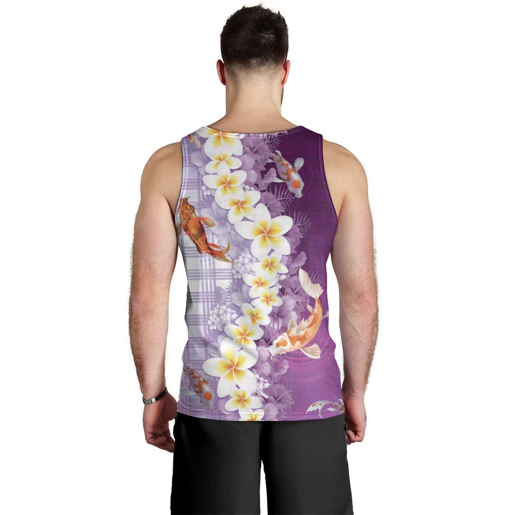 Hawaii And Japan Men Tank Top Plumeria Lei With Koi Fish Purple - Polynesian Pride
