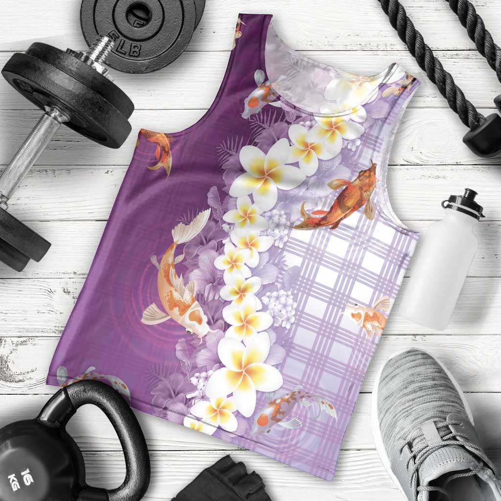 Hawaii And Japan Men Tank Top Plumeria Lei With Koi Fish Purple - Polynesian Pride