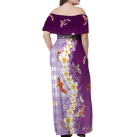 Hawaii And Japan Off Shoulder Maxi Dress Plumeria Lei With Koi Fish Purple LT05 - Polynesian Pride