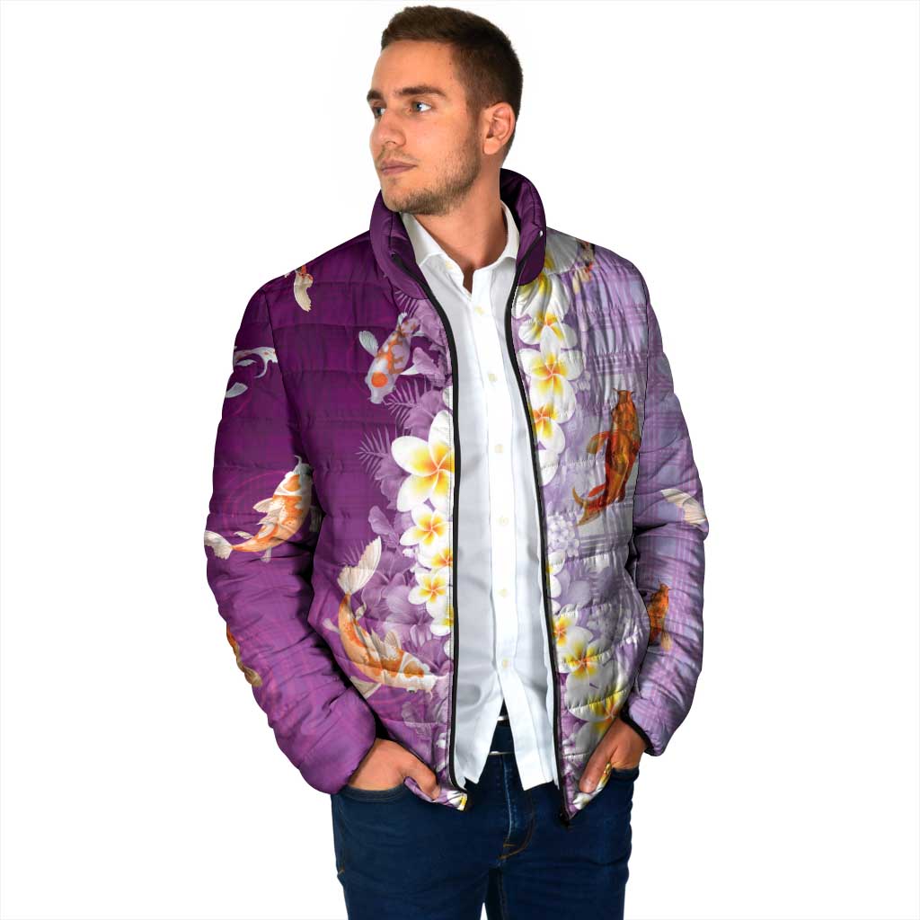 Hawaii And Japan Padded Jacket Plumeria Lei With Koi Fish Purple - Polynesian Pride