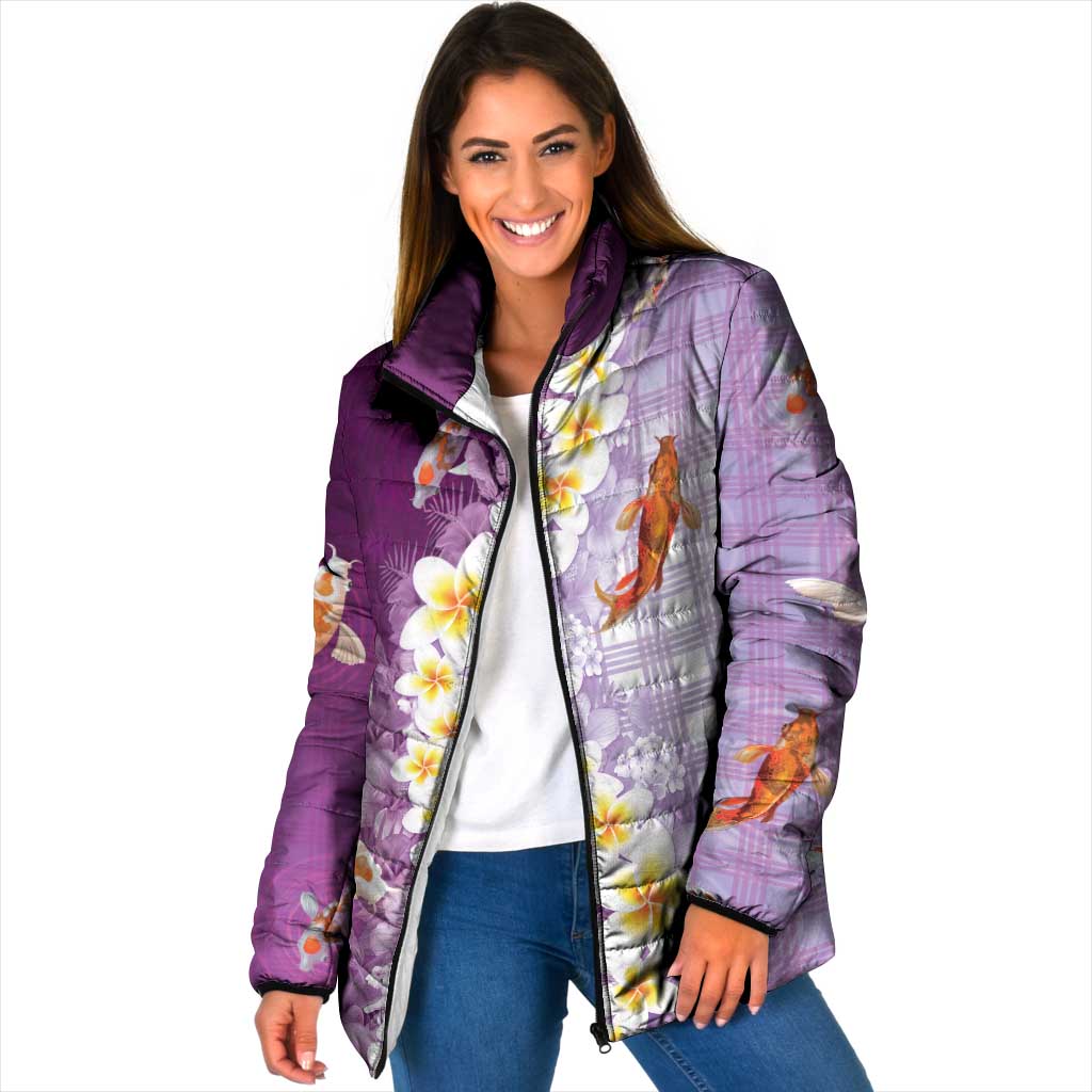 Hawaii And Japan Padded Jacket Plumeria Lei With Koi Fish Purple - Polynesian Pride