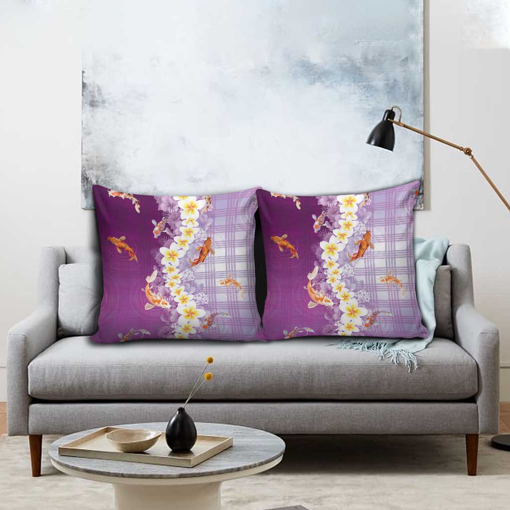 Hawaii And Japan Pillow Cover Plumeria Lei With Koi Fish Purple - Polynesian Pride