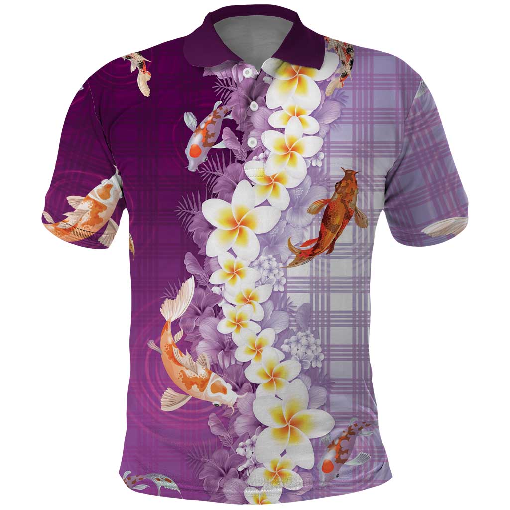 Hawaii And Japan Polo Shirt Plumeria Lei With Koi Fish Purple - Polynesian Pride