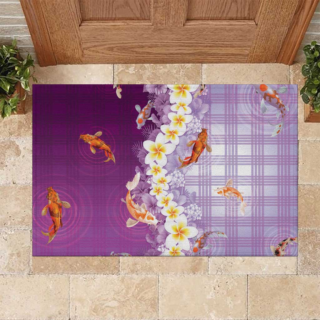 Hawaii And Japan Rubber Doormat Plumeria Lei With Koi Fish Purple - Polynesian Pride