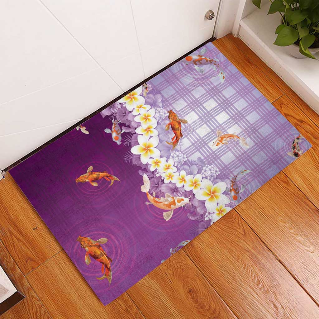 Hawaii And Japan Rubber Doormat Plumeria Lei With Koi Fish Purple - Polynesian Pride