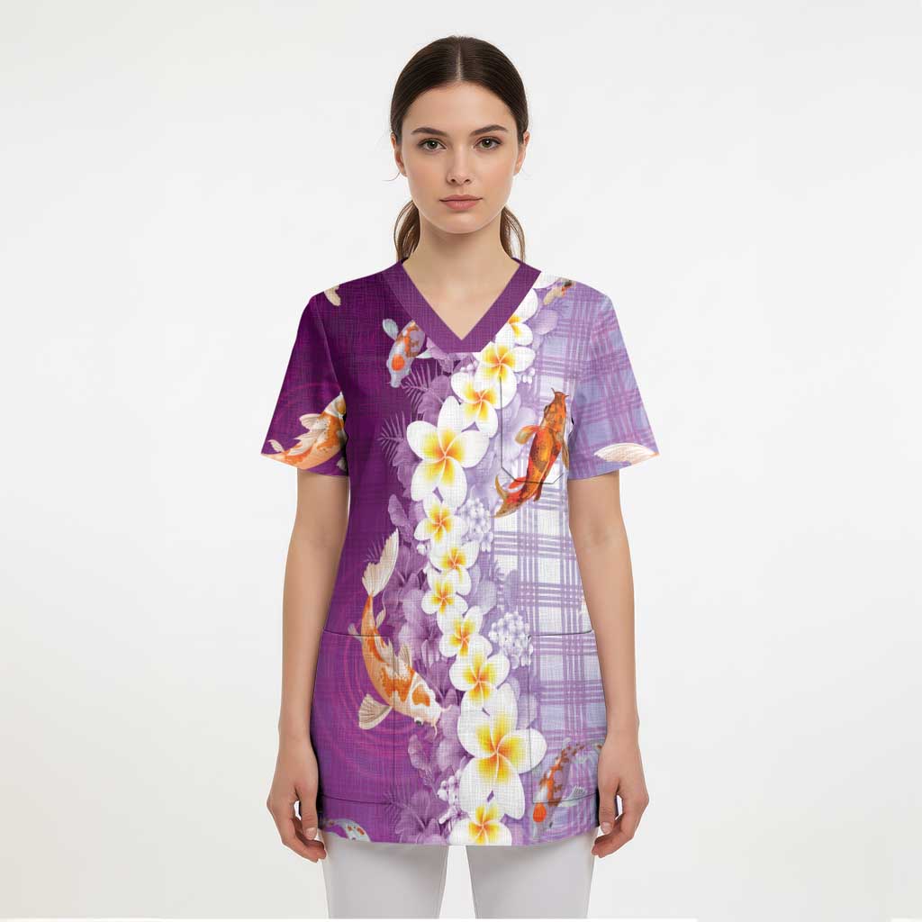 Hawaii And Japan Scrub Top Plumeria Lei With Koi Fish Purple - Polynesian Pride