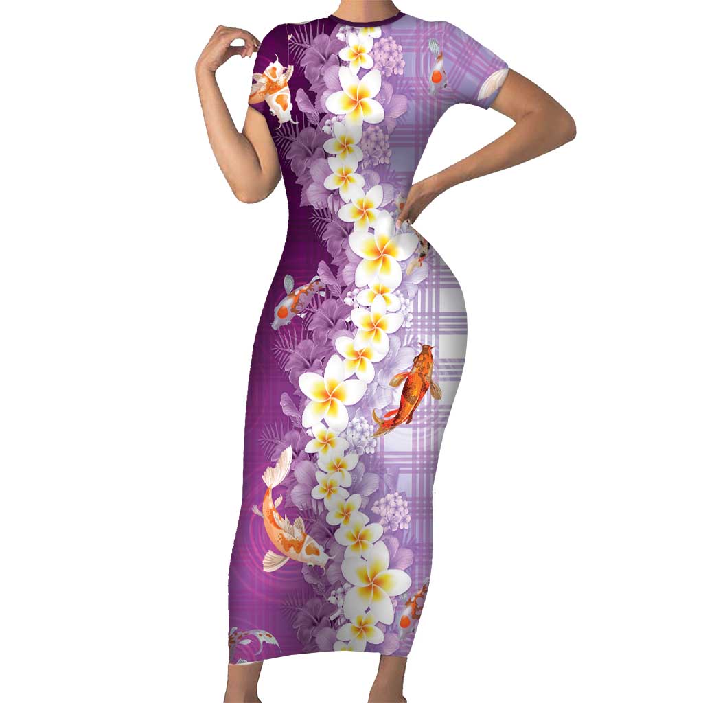Hawaii And Japan Short Sleeve Bodycon Dress Plumeria Lei With Koi Fish Purple LT05 Long Dress Purple - Polynesian Pride