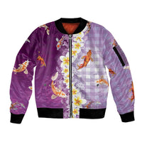 Hawaii And Japan Sleeve Zip Bomber Jacket Plumeria Lei With Koi Fish Purple - Polynesian Pride