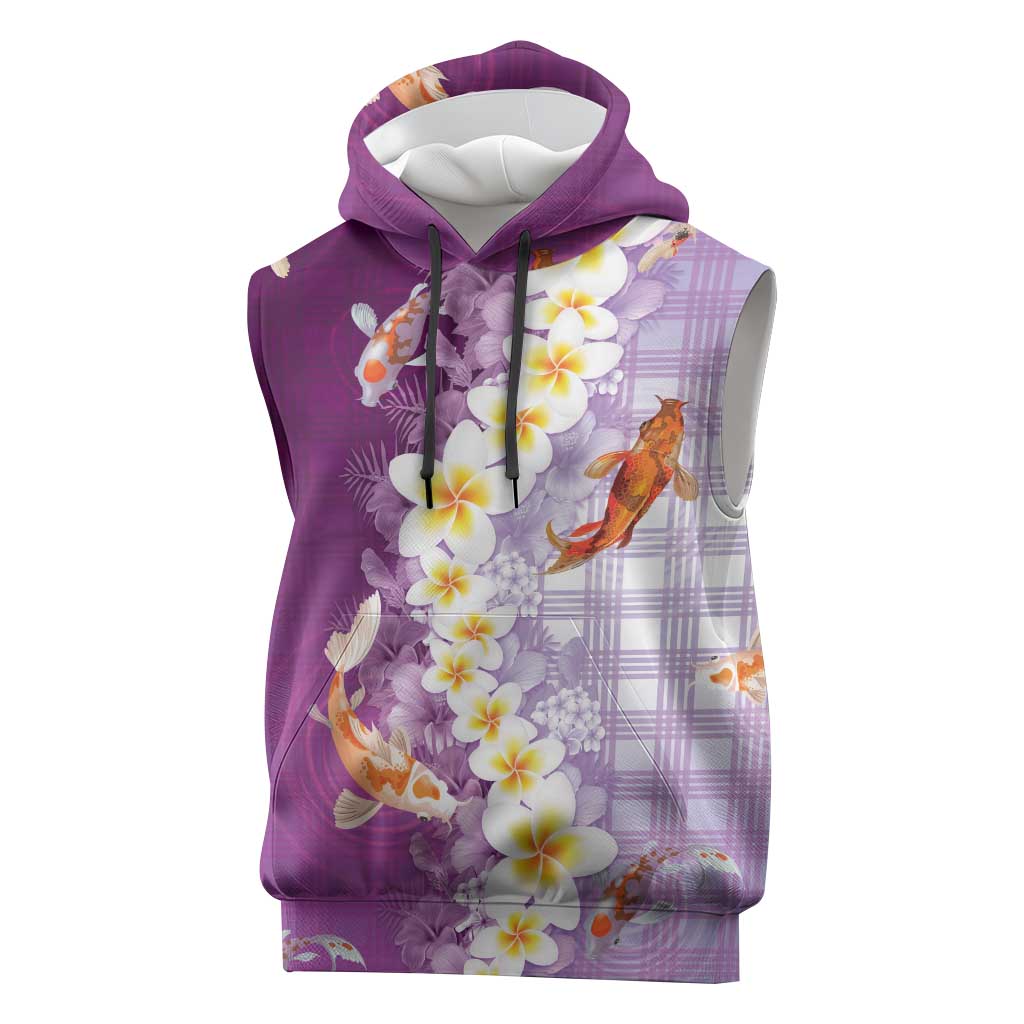 Hawaii And Japan Sleeveless Hoodie Plumeria Lei With Koi Fish Purple LT05 Purple - Polynesian Pride