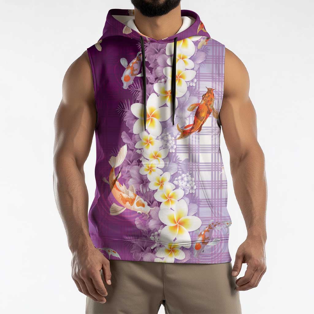 Hawaii And Japan Sleeveless Hoodie Plumeria Lei With Koi Fish Purple - Polynesian Pride