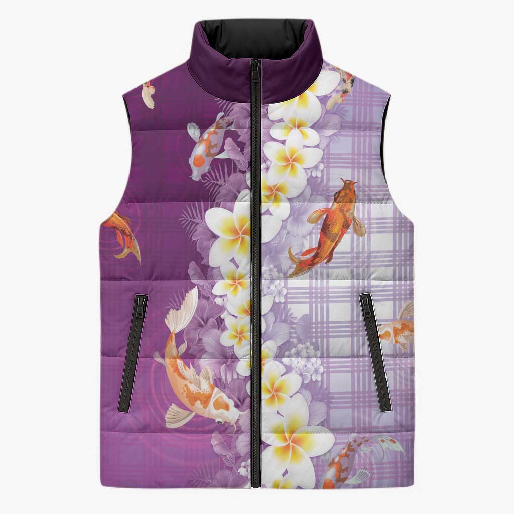 Hawaii And Japan Sleeveless Puffer Jacket Plumeria Lei With Koi Fish Purple - Polynesian Pride