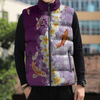 Hawaii And Japan Sleeveless Puffer Jacket Plumeria Lei With Koi Fish Purple - Polynesian Pride