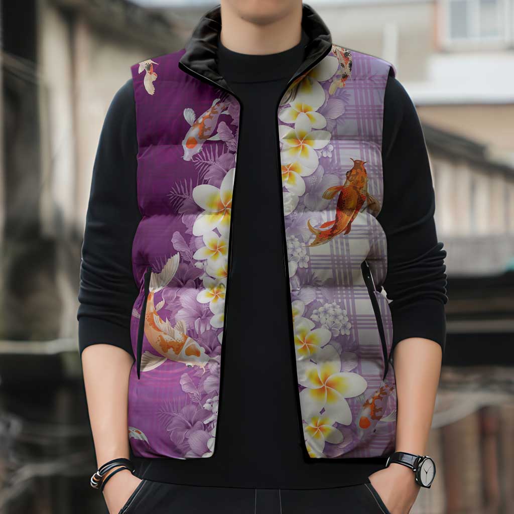 Hawaii And Japan Sleeveless Puffer Jacket Plumeria Lei With Koi Fish Purple - Polynesian Pride
