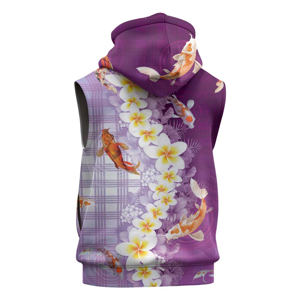 Hawaii And Japan Sleeveless Zip Hoodie Plumeria Lei With Koi Fish Purple - Polynesian Pride