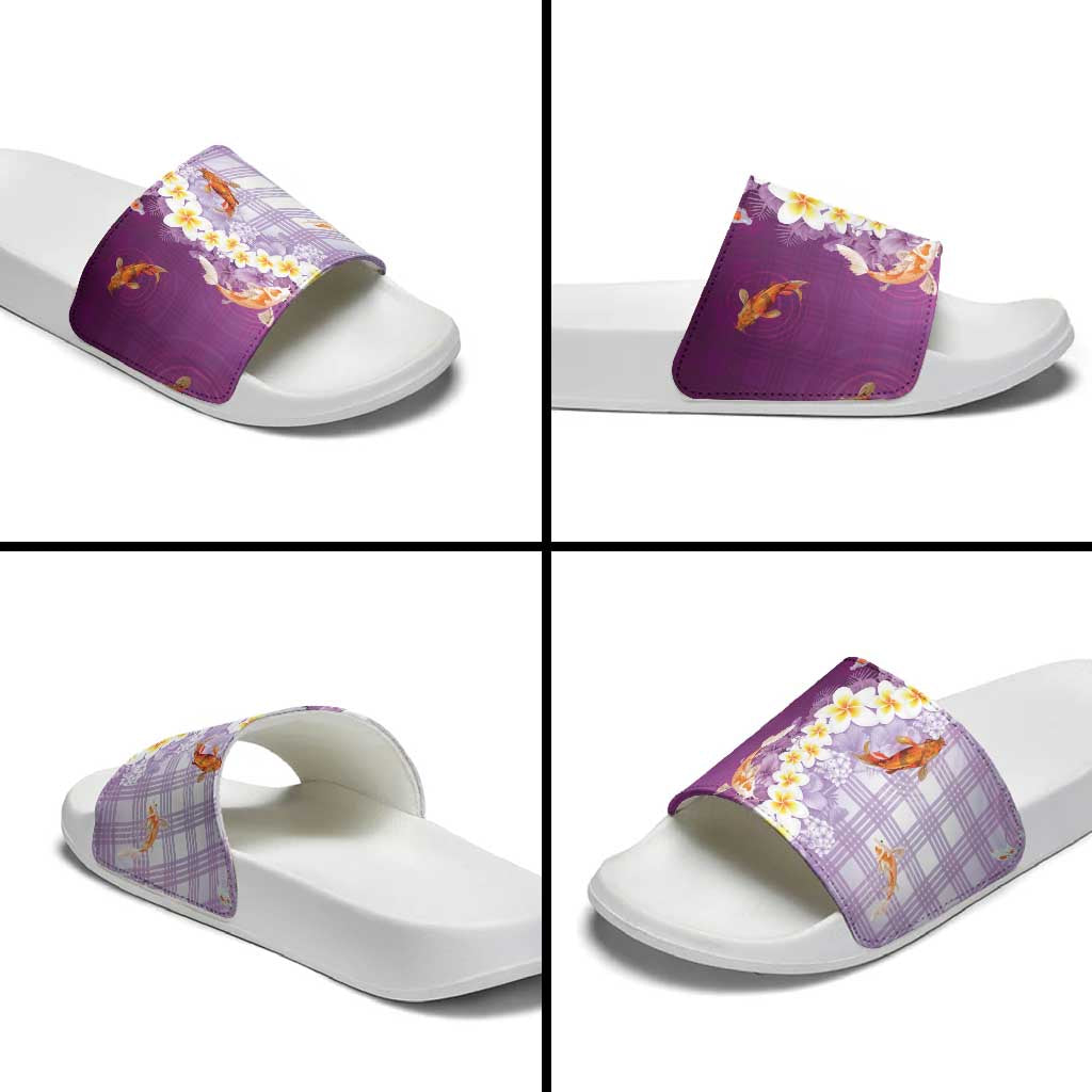 Hawaii And Japan Slide Sandals Plumeria Lei With Koi Fish Purple - Polynesian Pride
