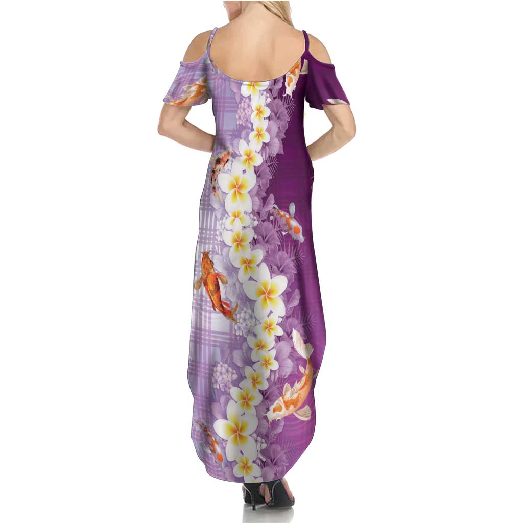 Hawaii And Japan Summer Maxi Dress Plumeria Lei With Koi Fish Purple LT05 - Polynesian Pride