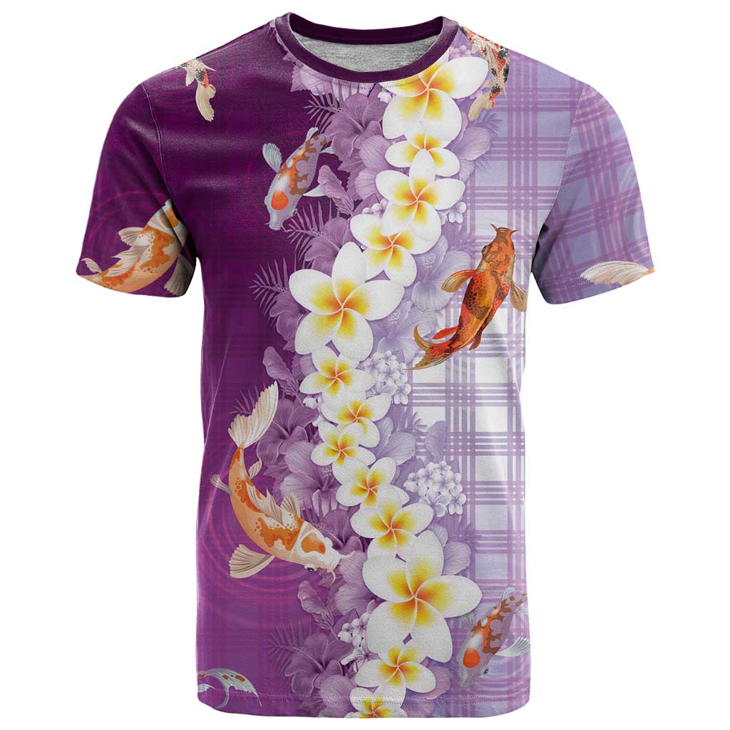 Hawaii And Japan T Shirt Plumeria Lei With Koi Fish Purple LT05 Purple - Polynesian Pride