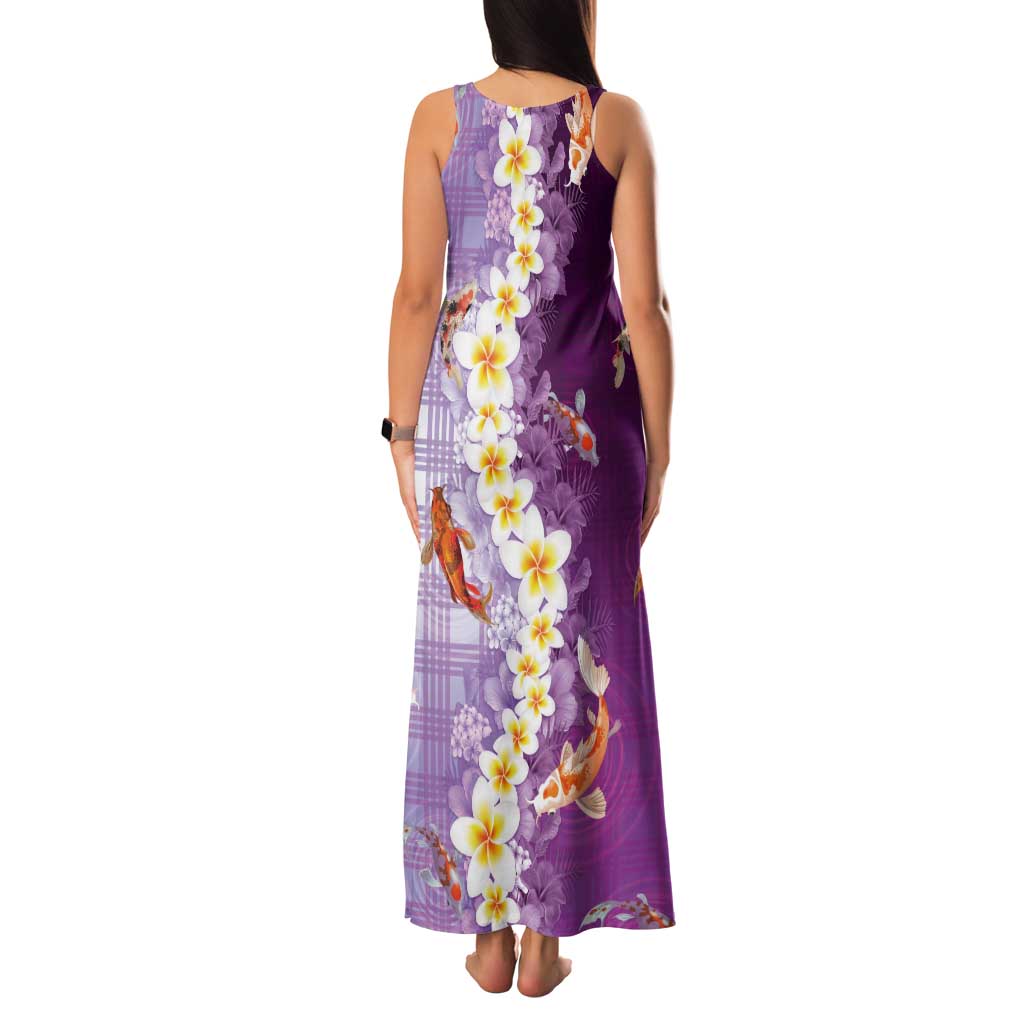 Hawaii And Japan Tank Maxi Dress Plumeria Lei With Koi Fish Purple LT05 - Polynesian Pride