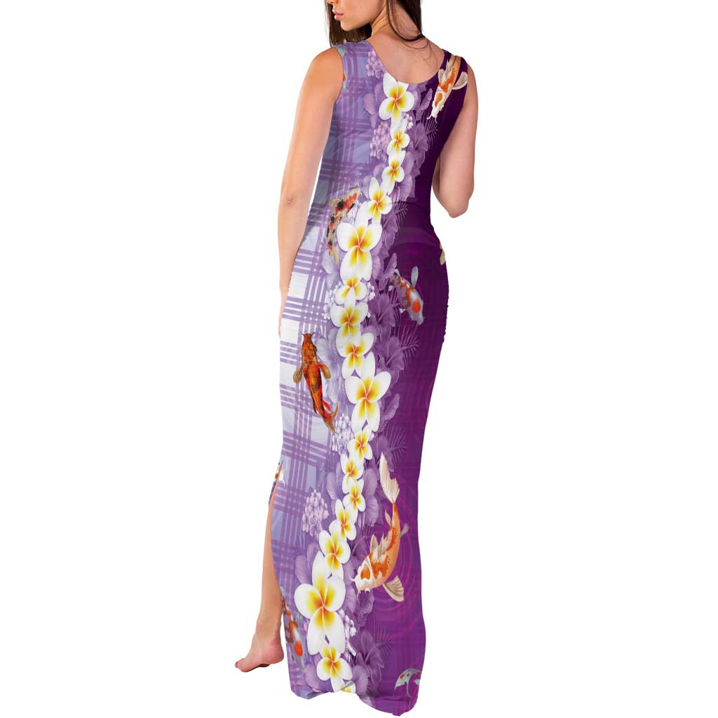 Hawaii And Japan Tank Maxi Dress Plumeria Lei With Koi Fish Purple LT05 - Polynesian Pride