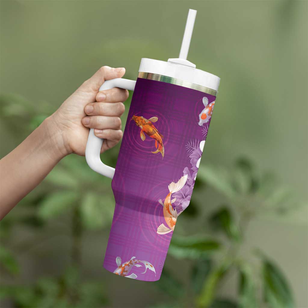 Hawaii And Japan Tumbler With Handle Plumeria Lei With Koi Fish Purple LT05 - Polynesian Pride