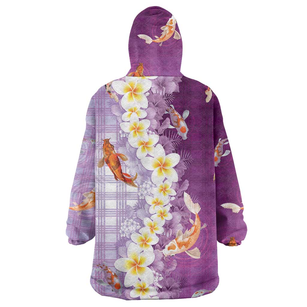 Hawaii And Japan Wearable Blanket Hoodie Plumeria Lei With Koi Fish Purple - Polynesian Pride