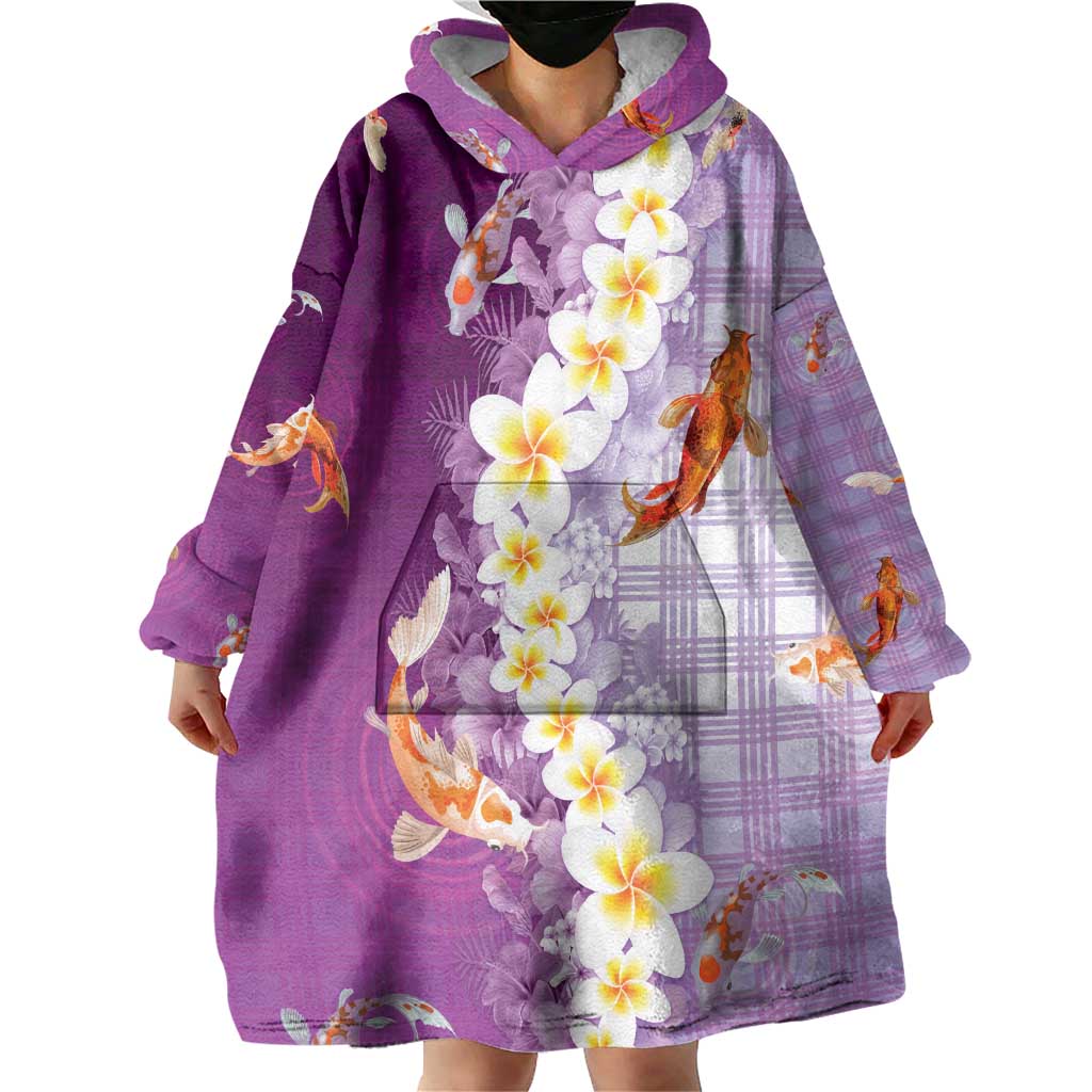 Hawaii And Japan Wearable Blanket Hoodie Plumeria Lei With Koi Fish Purple - Polynesian Pride