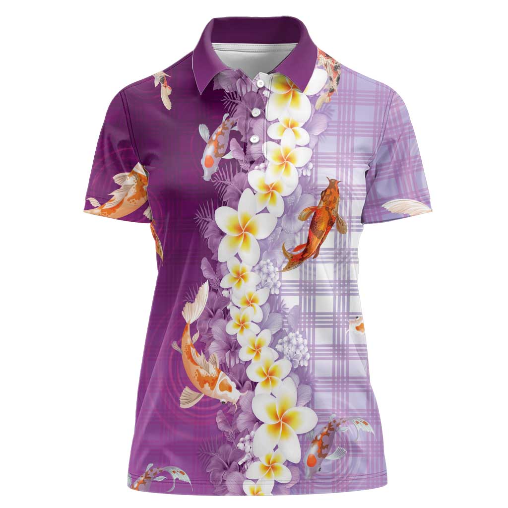 Hawaii And Japan Women Polo Shirt Plumeria Lei With Koi Fish Purple LT05 Female Purple - Polynesian Pride