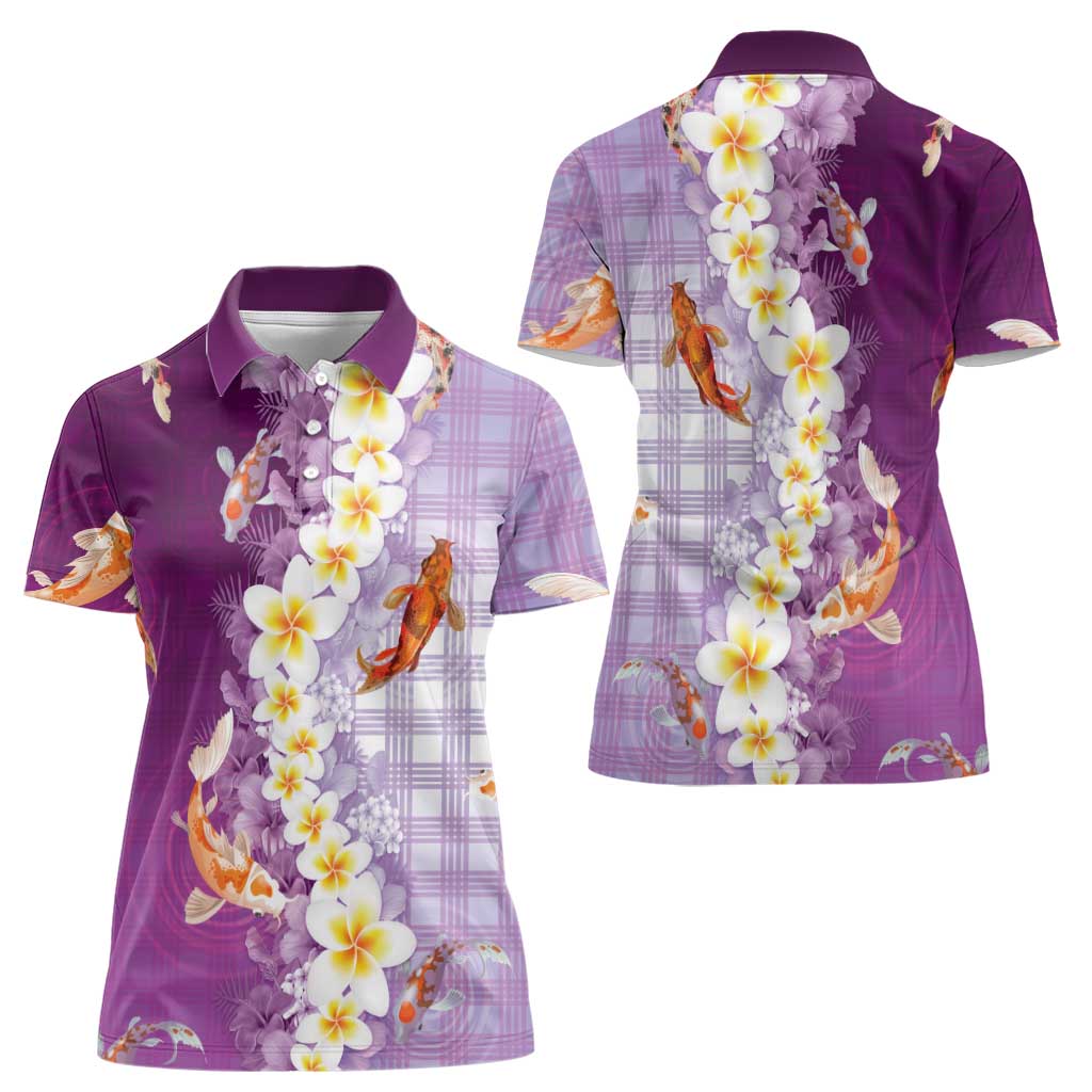 Hawaii And Japan Women Polo Shirt Plumeria Lei With Koi Fish Purple - Polynesian Pride