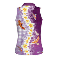 Hawaii And Japan Women Sleeveless Polo Shirt Plumeria Lei With Koi Fish Purple - Polynesian Pride