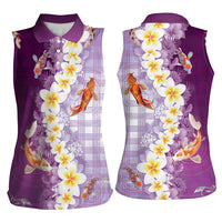 Hawaii And Japan Women Sleeveless Polo Shirt Plumeria Lei With Koi Fish Purple - Polynesian Pride