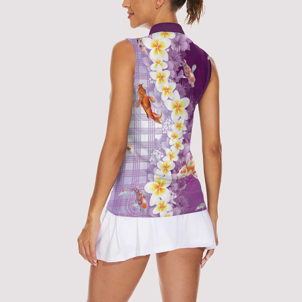 Hawaii And Japan Women Sleeveless Polo Shirt Plumeria Lei With Koi Fish Purple - Polynesian Pride