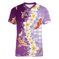 Hawaii And Japan Women V-Neck T-Shirt Plumeria Lei With Koi Fish Purple - Polynesian Pride