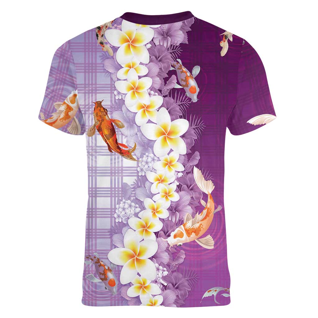 Hawaii And Japan Women V-Neck T-Shirt Plumeria Lei With Koi Fish Purple - Polynesian Pride