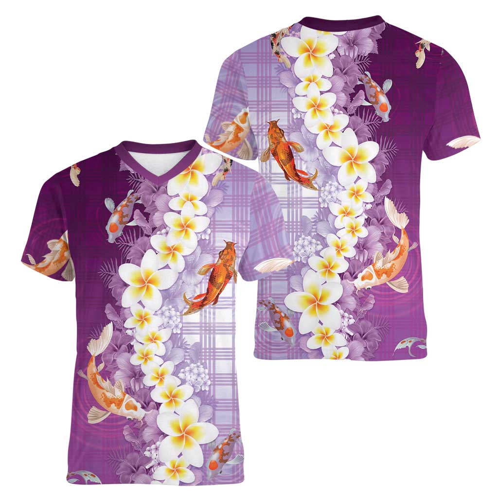 Hawaii And Japan Women V-Neck T-Shirt Plumeria Lei With Koi Fish Purple - Polynesian Pride