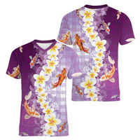 Hawaii And Japan Women V-Neck T-Shirt Plumeria Lei With Koi Fish Purple - Polynesian Pride