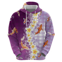 Hawaii And Japan Zip Hoodie Plumeria Lei With Koi Fish Purple - Polynesian Pride