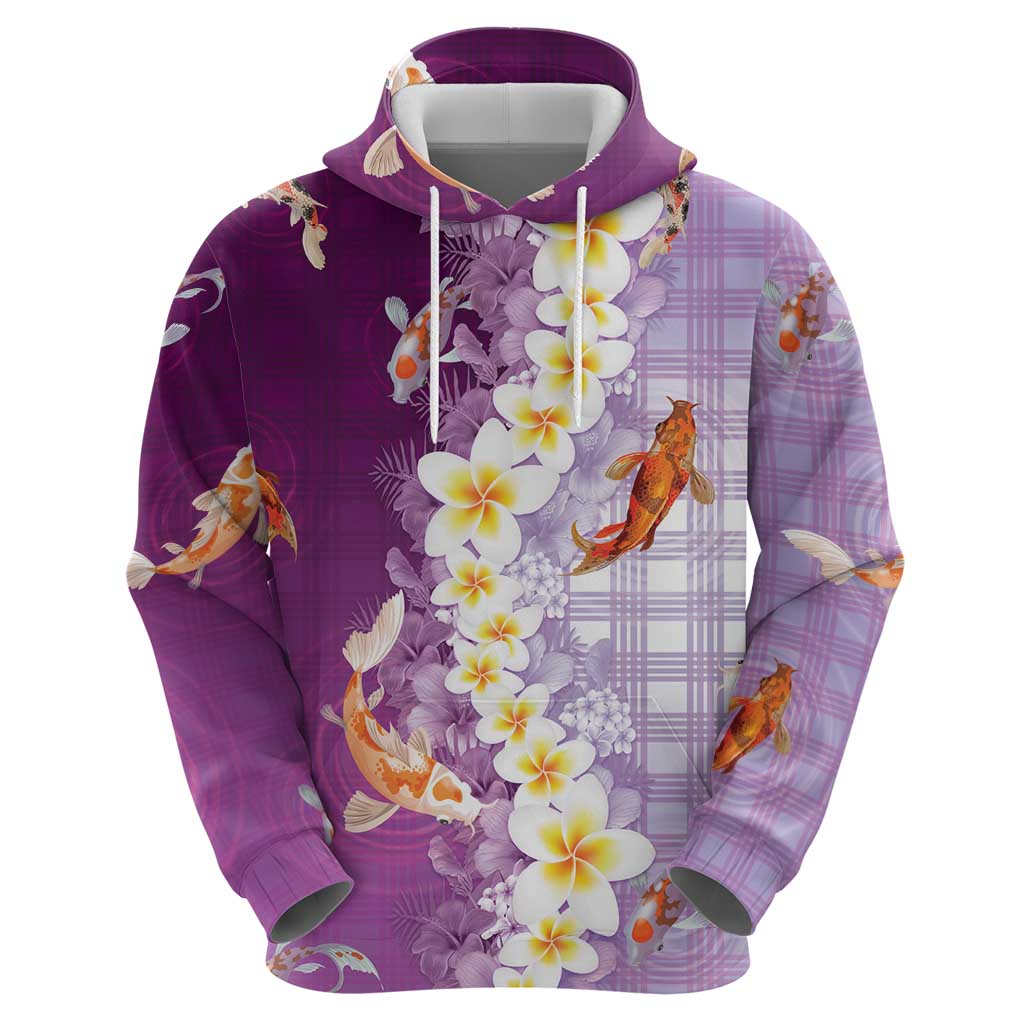 Hawaii And Japan Zip Hoodie Plumeria Lei With Koi Fish Purple - Polynesian Pride