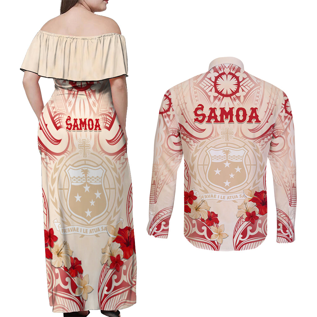 Siva Samoa Couples Matching Off Shoulder Maxi Dress and Long Sleeve Button Shirt Samoan Taupou With Polynesian Pattern LT05 - Polynesian Pride