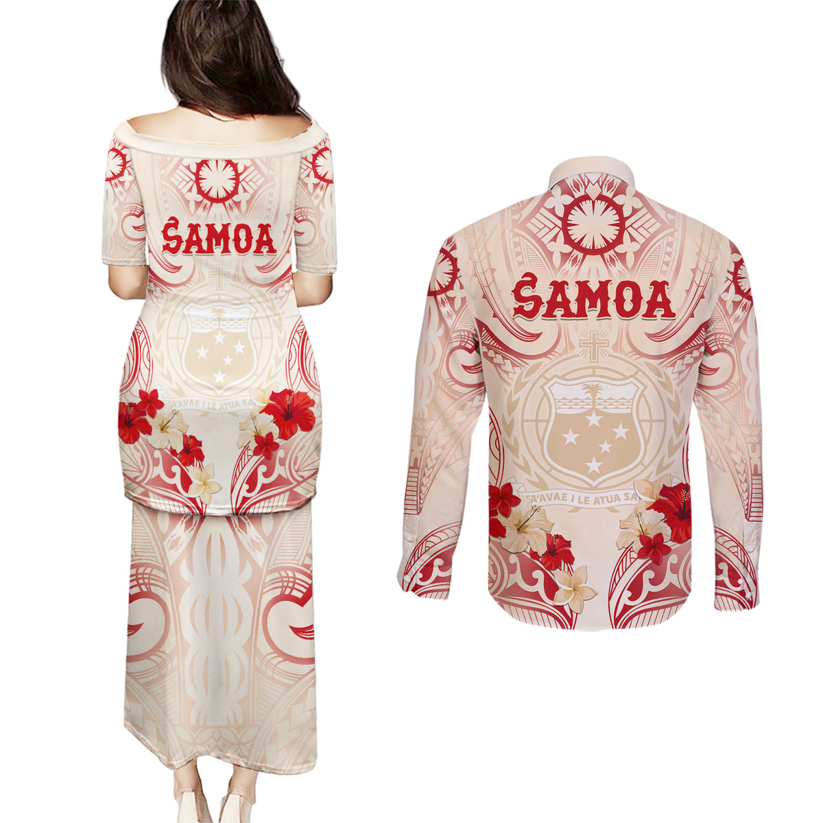 Siva Samoa Couples Matching Puletasi and Long Sleeve Button Shirt Samoan Taupou With Polynesian Pattern LT05 - Polynesian Pride