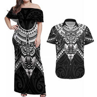 New Zealand Morepork Couples Matching Off Shoulder Maxi Dress and Hawaiian Shirt Maori Pattern Black