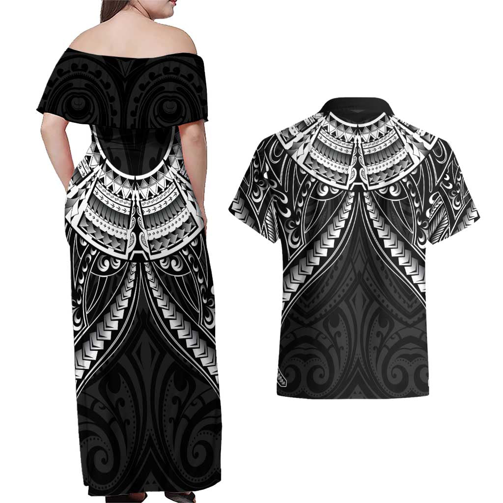 New Zealand Morepork Couples Matching Off Shoulder Maxi Dress and Hawaiian Shirt Maori Pattern Black