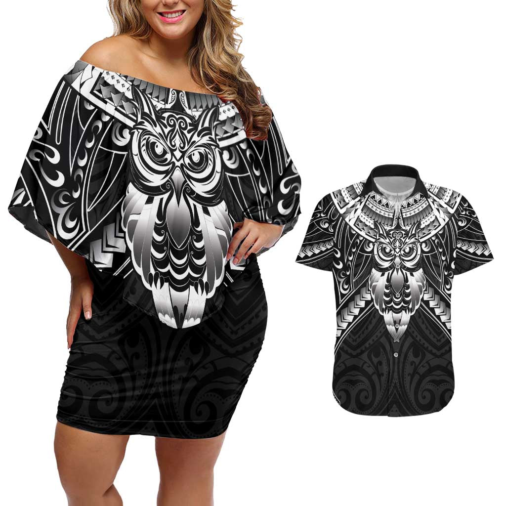New Zealand Morepork Couples Matching Off Shoulder Short Dress and Hawaiian Shirt Maori Pattern Black