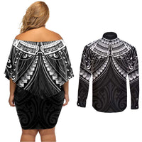New Zealand Morepork Couples Matching Off Shoulder Short Dress and Long Sleeve Button Shirt Maori Pattern Black LT05 - Polynesian Pride