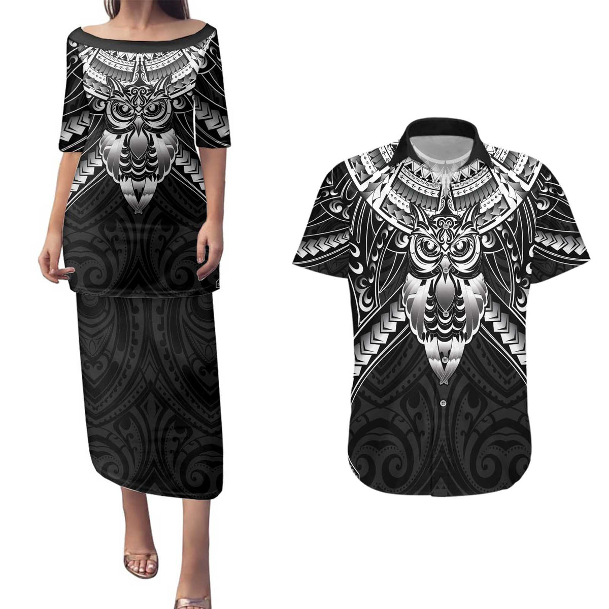 New Zealand Morepork Couples Matching Puletasi and Hawaiian Shirt Maori Pattern Black