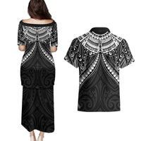 New Zealand Morepork Couples Matching Puletasi and Hawaiian Shirt Maori Pattern Black