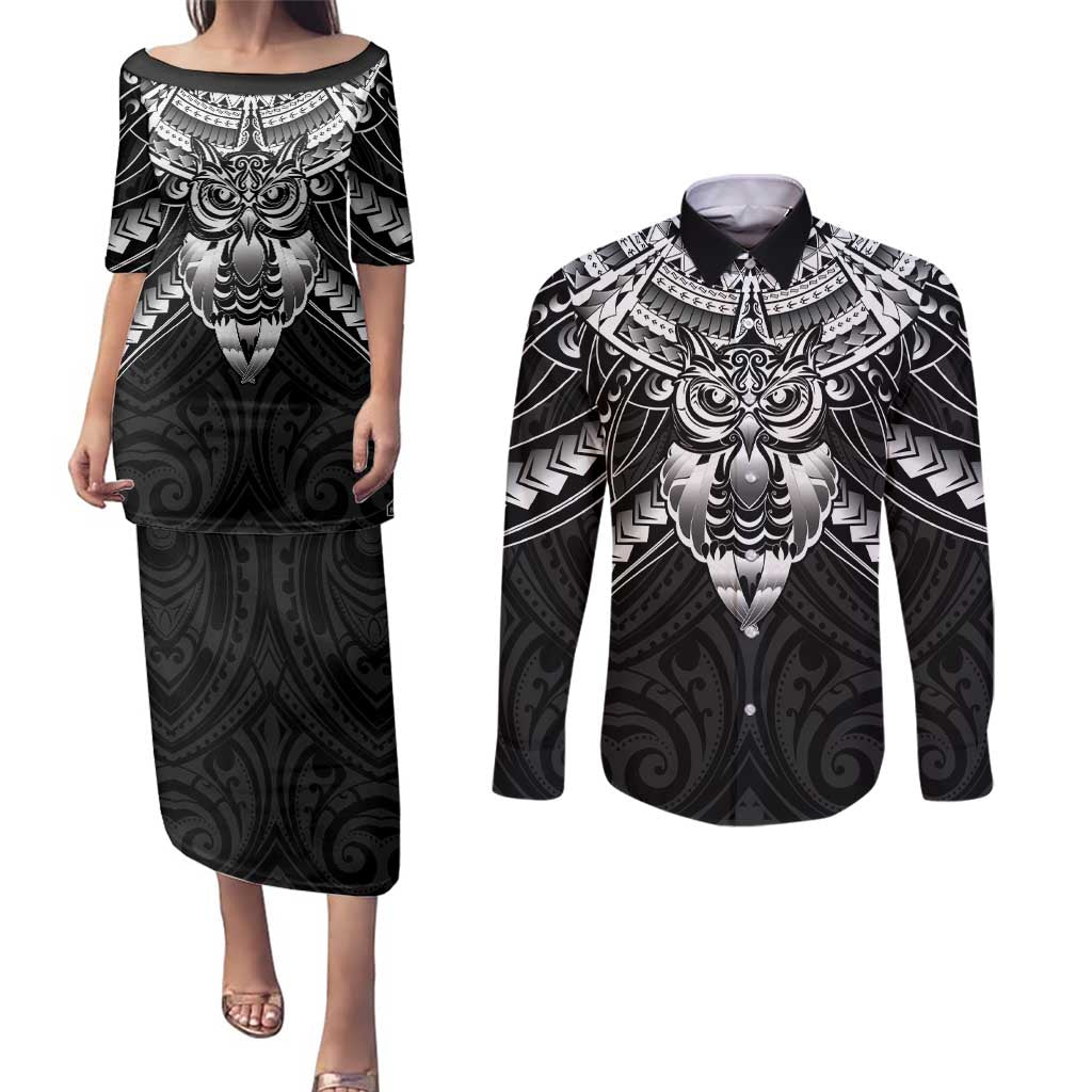 New Zealand Morepork Couples Matching Puletasi and Long Sleeve Button Shirt Maori Pattern Black
